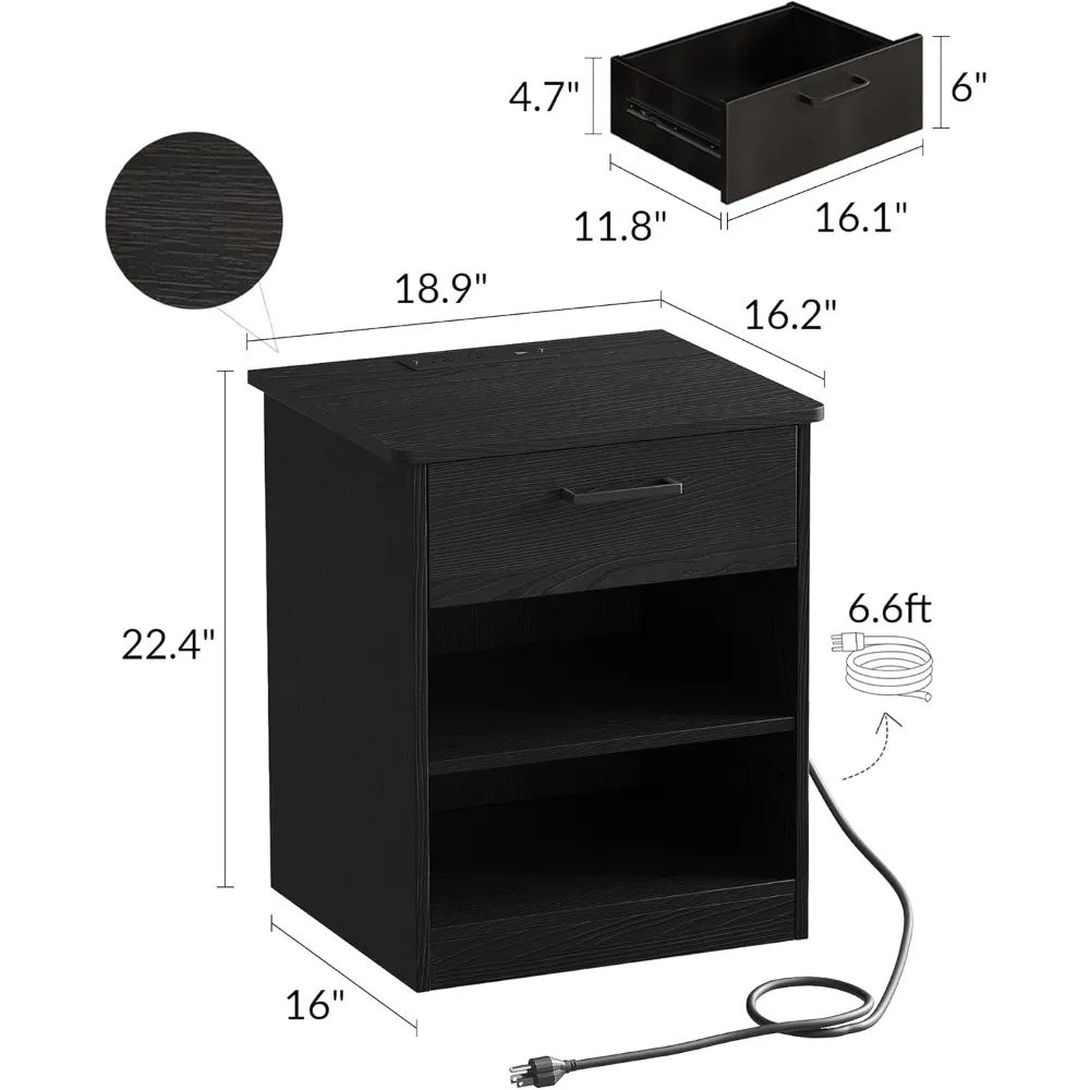 Everyday Side Table with Fast Charging Station - USB C Cable Fast Charging, Wooden Black Nightstand Bedside Table with Drawer,