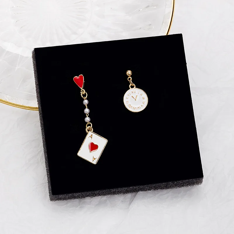 asymmetrical earrings red peach Earrings alice in wonderland swing poker card for women fashion jewelry