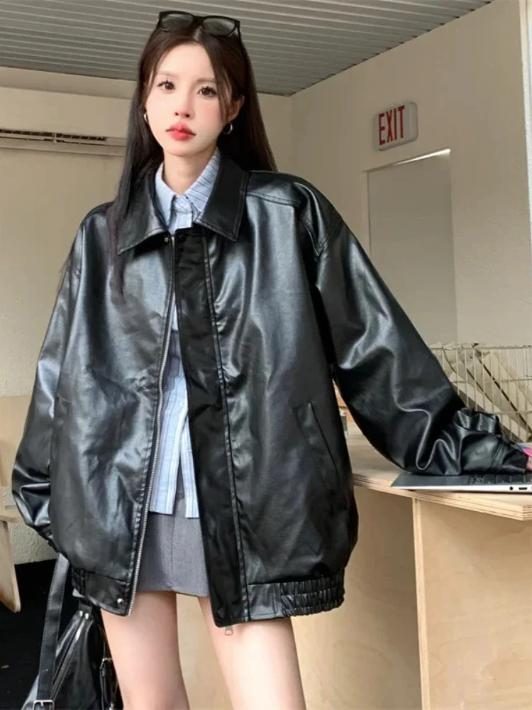 New 2025 Women Faux Leather Jacket American Vintage Solid Pu Loose Casual Outwear Streetwear Coats Woman