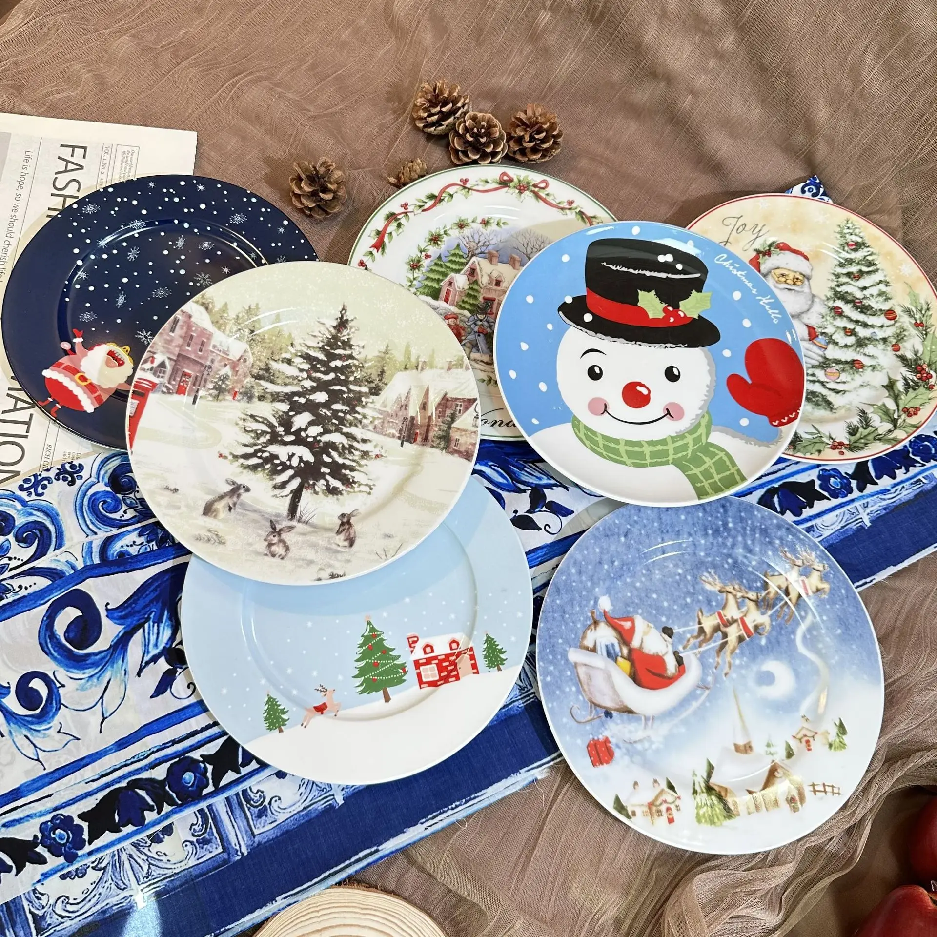 D20cm Christmas Ceramic Plates Christmas Element Table Decoration Dish Retro Village Atmosphere Dining Plate For Festival Decor