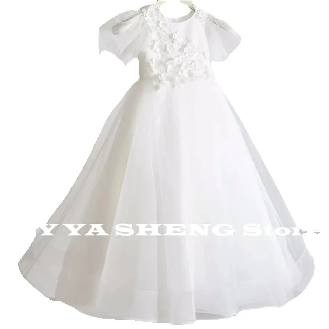 ชุดเดรสดอกไม้สีขาวTulle Flory Appliquesแขนสั้นสําหรับงานแต่งงานวันเกิดParty First Communion Gowns