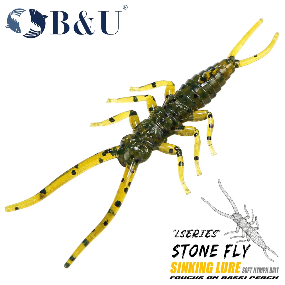 Señuelos blandos B&U Stone Fly, señuelos de imitación realistas de plástico suave con manchas, señuelos de pesca de agua dulce para lubina, trucha y perca