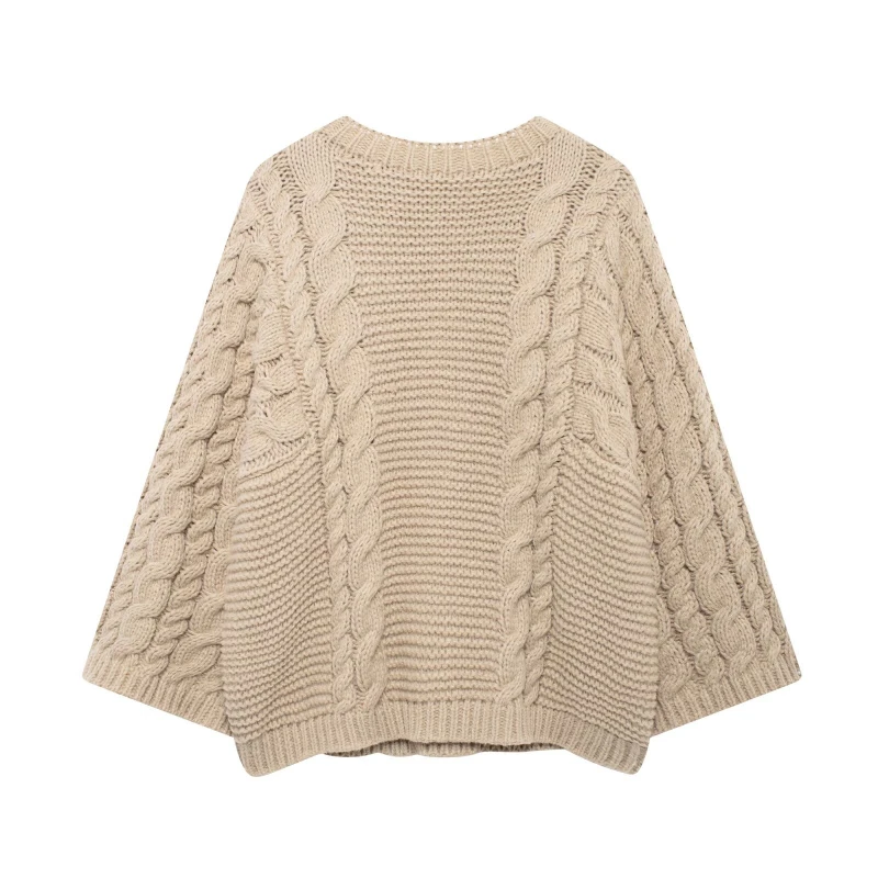 Women's Fashion Solid Color Fried Dough Twists Pullover Round Neck Loose Sleeve Sweater Top