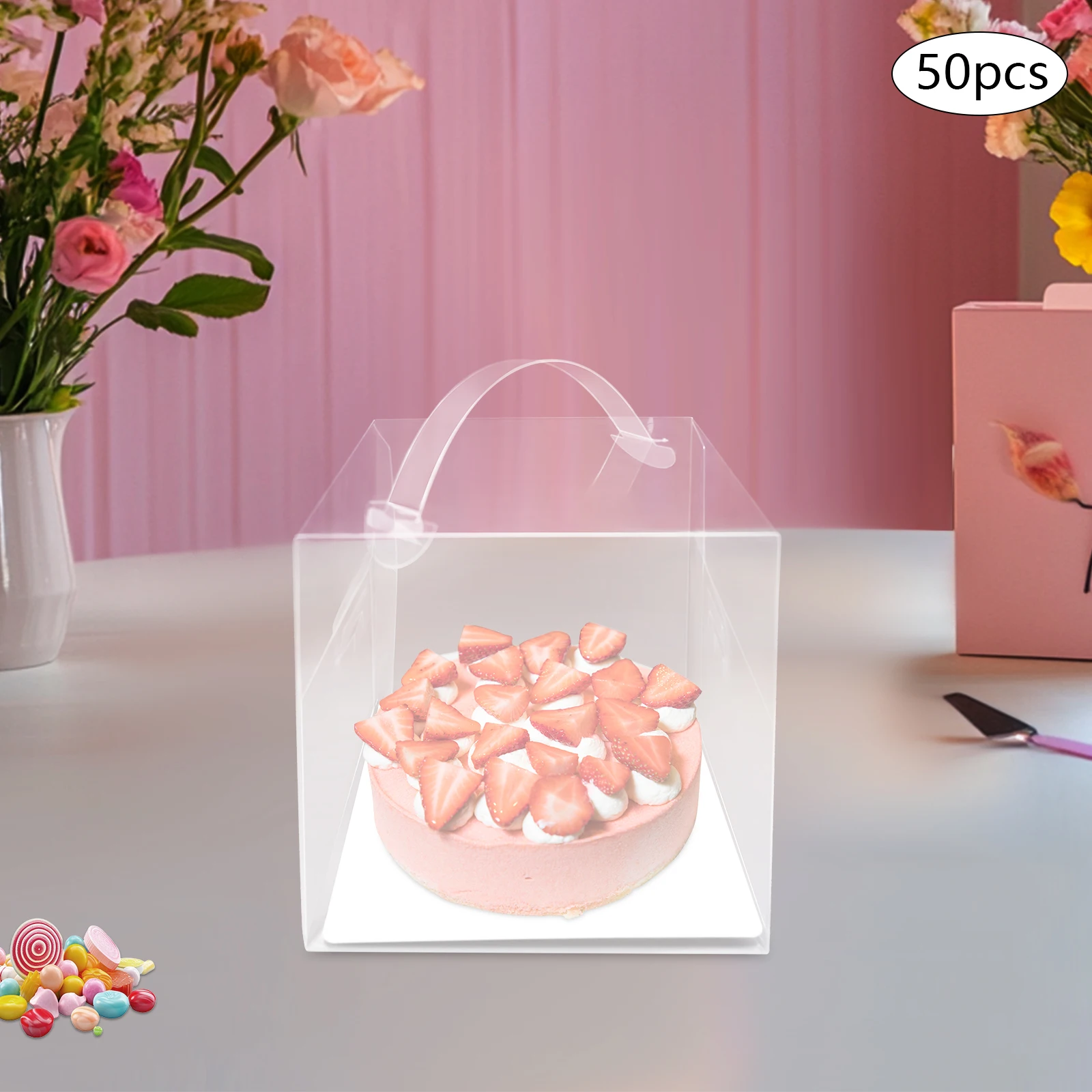 

50 шт. прозрачные коробки для торта с ручкой, квадратная переноска для торта из ПЭТ 14x14x14 см, одноразовая коробка для демонстрации десерта для свадьбы, дня рождения