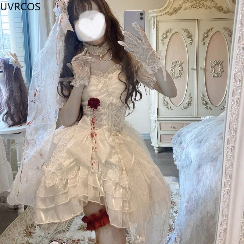 Japońska wiktoriańska Gothic Lolita elegancka damska urocza koronkowa siatka Kawaii moda róża sukienki białe dziewczyny słodka suknia ślubna