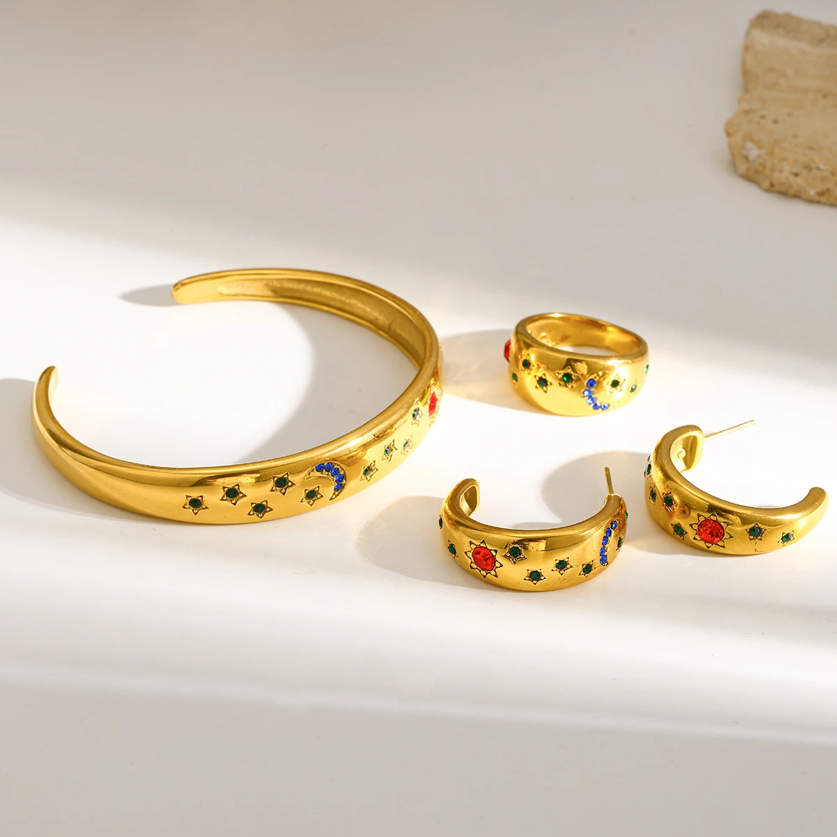 

Elegant Colorful Zirconia Jewelry Set for Women Stainless Steel Bracelet Ring Earrings Dainty Wedding Mother's Day Party Gifts