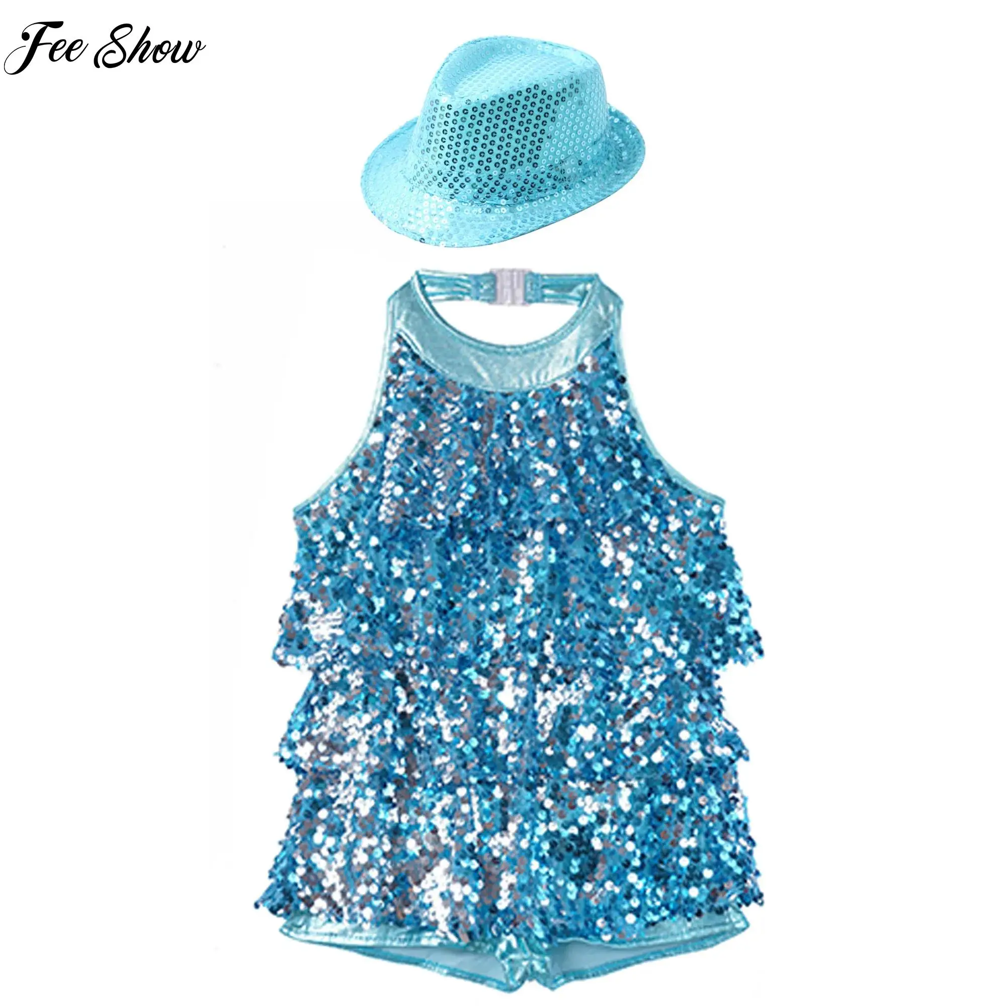 

Kids Girls Two Piece Sequins Dancewear Set Halter Ballet Dance Shorty Unitard Dress+Hats for Modern Jazz Latin Dance Performance