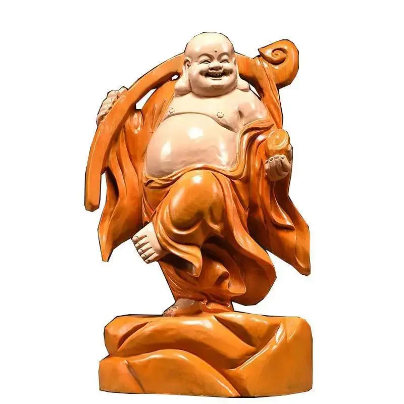 Camphor wood carving Maitreya Buddha ornament solid wood carving home decoration craft gifts