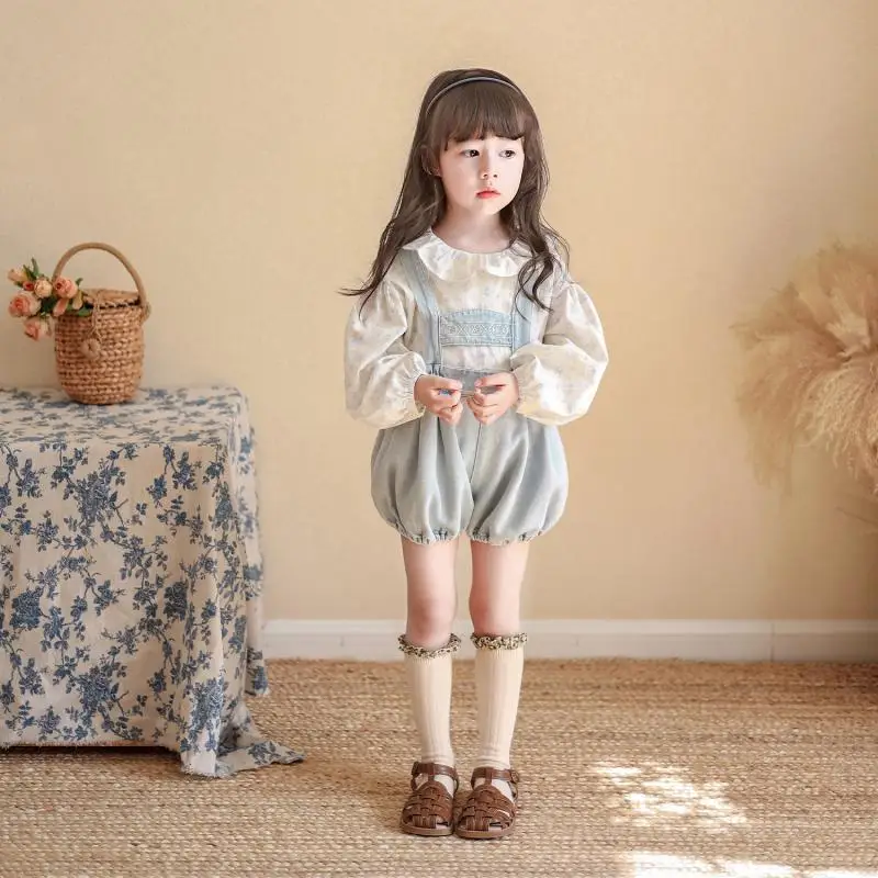 Toddler Girls Clothing Summer Baby Fashion Cute Sweet 2pcs Suits Doll Collar Floral Shirt Jean Overall Shorts 2Pcs Clothes Set