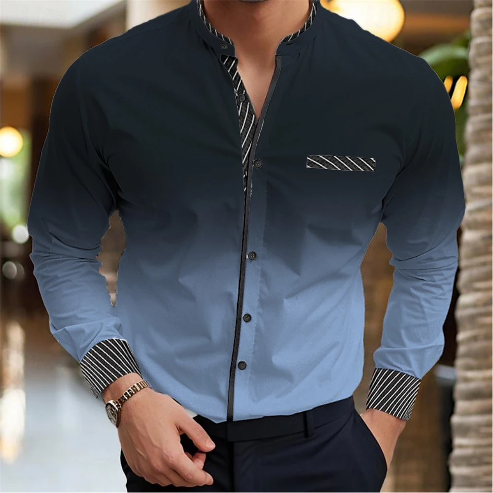 Men's long-sleeved shirt formal shirt 2024 new 10 kinds of gradual change color optional stand-up collar comfortable men's top