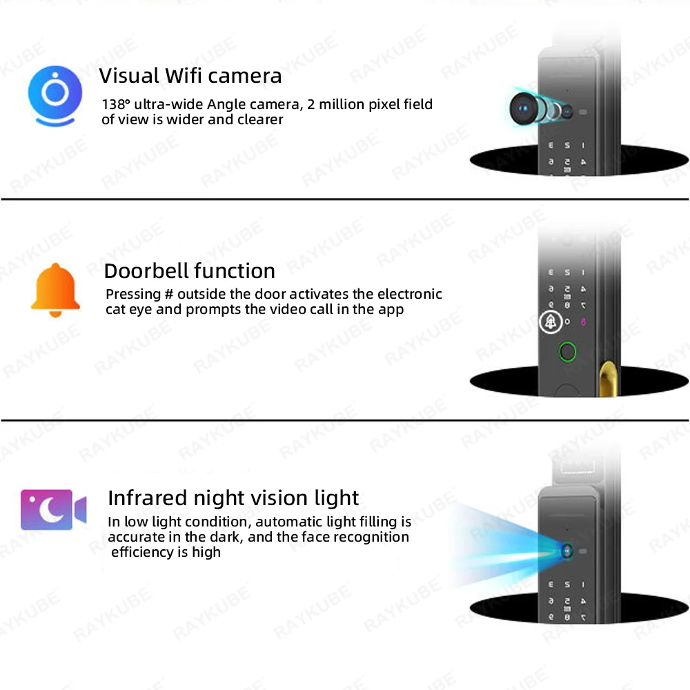 RAYKUBE TD1 TT Lock WiFi 3D reconocimiento facial cerradura de puerta inteligente con huella dactilar con WiFi cámara IP aplicación remota