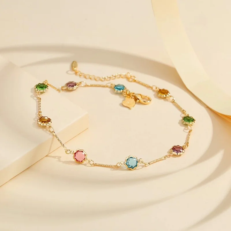 Exquisite 18k Forest Style Popular Item, Light Luxury, Simple Fashion, Niche Design, Colorful Gemstone Texture Ankle Chain Acces