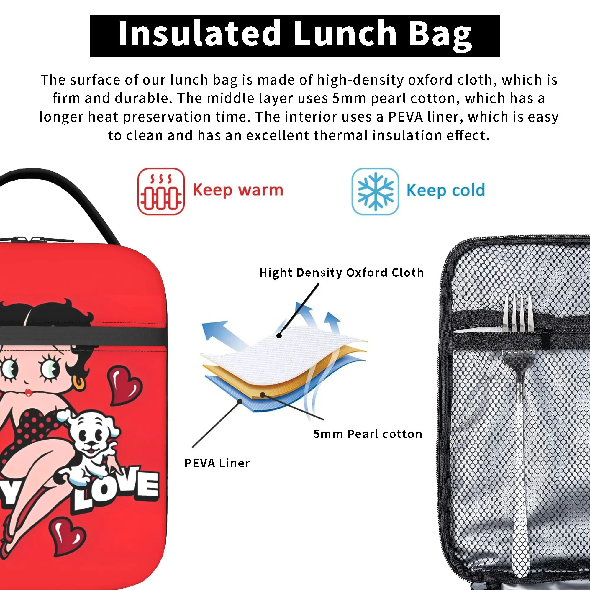 Kawaii Cartoon B-Betty Boops Insulated Lunch Bag Cooler Bag Reusable,Meal Container High Capacity Tote Lunch Box Food Handbags view 4