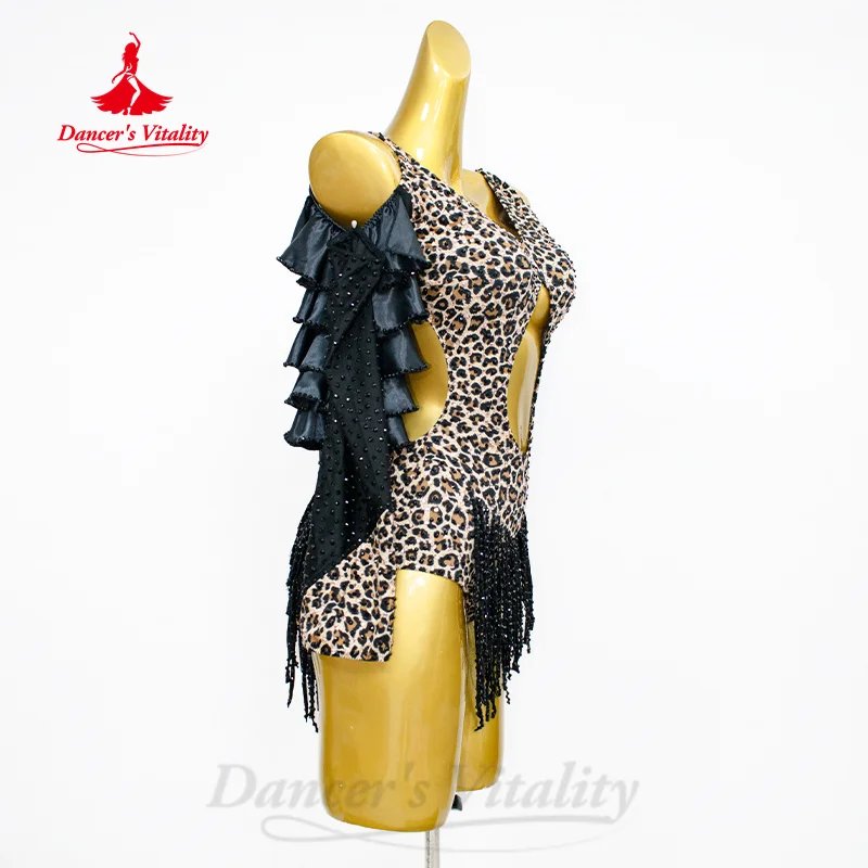 Vestidos de baile latino personalizados, vestido Sexy con estampado de leopardo y borlas, vestido de competición de Tango Samba Rumba para adultos y niños