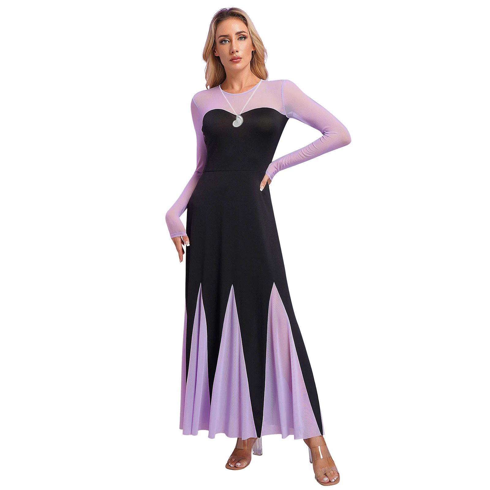 

Womens Halloween Cosplay Costume Elegant Maxi Dress Color Block Patchwork Long Sleeve A-Line Dress with Snail Pendant Necklace