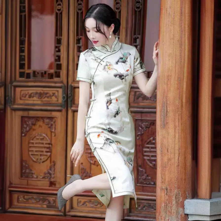 Cheongsam Qipao Retro Improved -Fitting Printed Dress Spring and Summer Mid-Length Chinese Chi-Pao