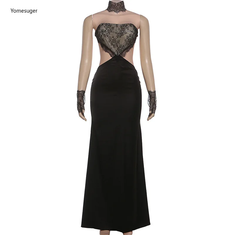 Yomesugar Abito lungo senza spalline in patchwork di pizzo sexy Abito da donna Elegante avvolgente sul petto Abiti da festa irregolari senza schienale Clubwear