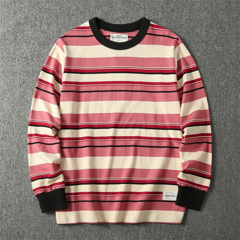 2023 Autumn New Japanese Retro Men's  Striped High Quality Long Sleeve Cotton T-shirt Loose Casual Fashion Undercoating