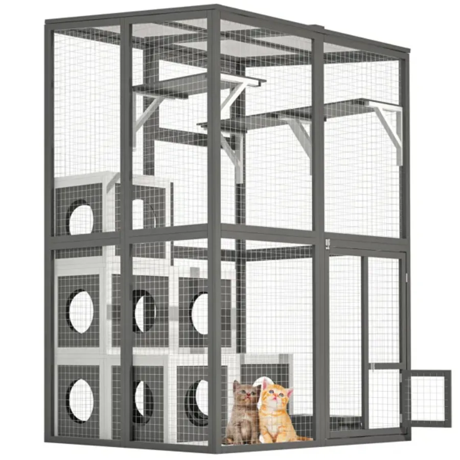 Outdoor Wooden Cat- Large Solid Wood Cat Cage Playpen with 2 Jumping Platforms and 7 Napping Houses Walk-in Cat Kennel Condo Sh