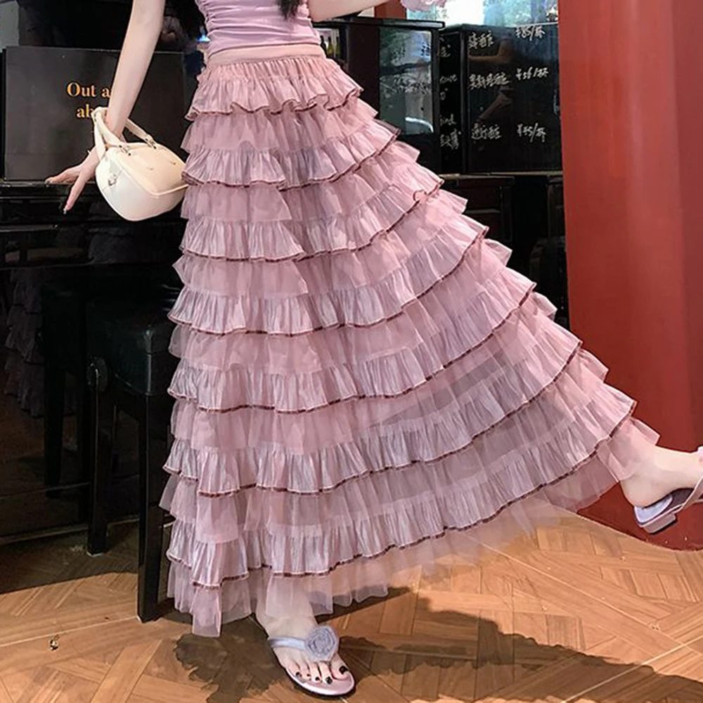 Mesh cake skirt skirt female autumn pendant temperament gauze  French fairy fluttering long skirt