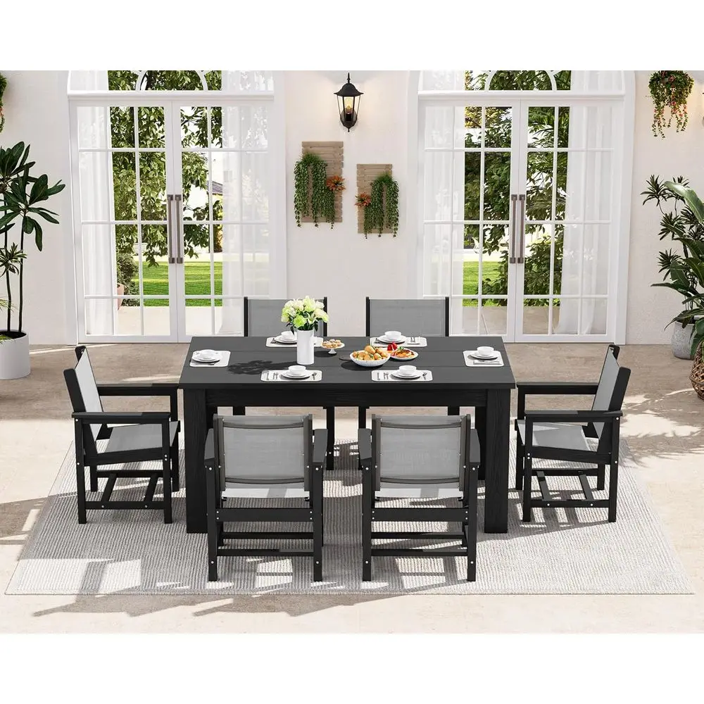 

7 Piece Outdoor Dining Table Sets or 6 with 1 Umbrella Hole Cut-Out Recular Table and 6 Textilene Chairs, HDPE Dining Table Sets