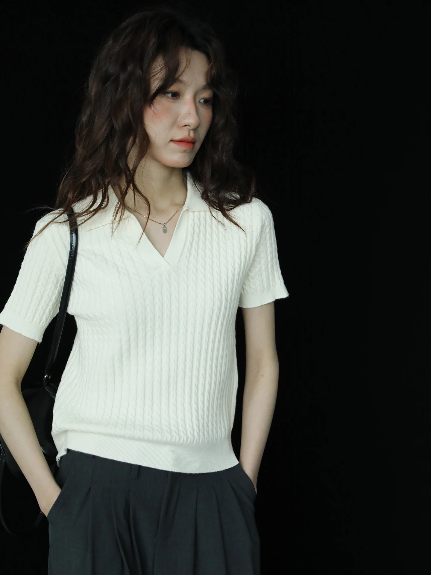 

Женская летняя футболка-поло свободного кроя в стиле ретро, вязаная, однотонная, молочно-белая