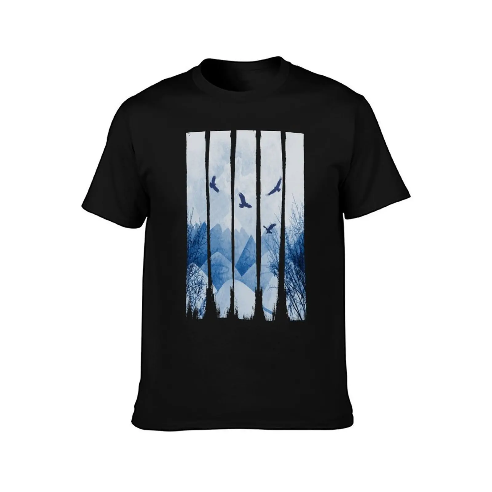 Eagles, Mountains, Grunge Landscape T-Shirt, Summer Casual Cotton Tee, Oversized Streetwear Tops, Vintage Graphic Print