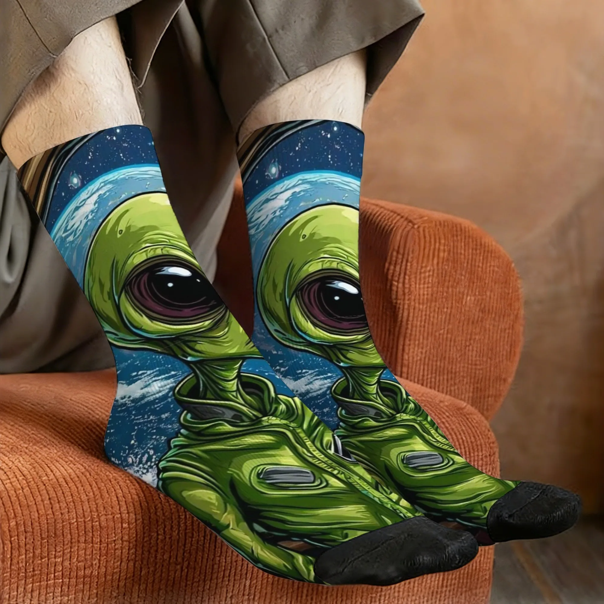 Space Alien Sci-Fi Crew Socks, Galaxy Earth Print Socks, Gift for Sci-Fi Fans & Space Exploration Style Enthusiasts