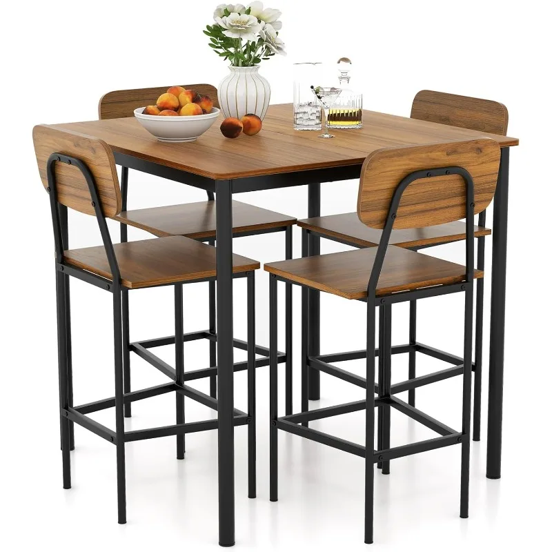 5-Piece Dining Table Set W/Counter Height Table & 4 Bar Stools, Industrial Kitchen Dining Table Set W/Footrest & Backrest,