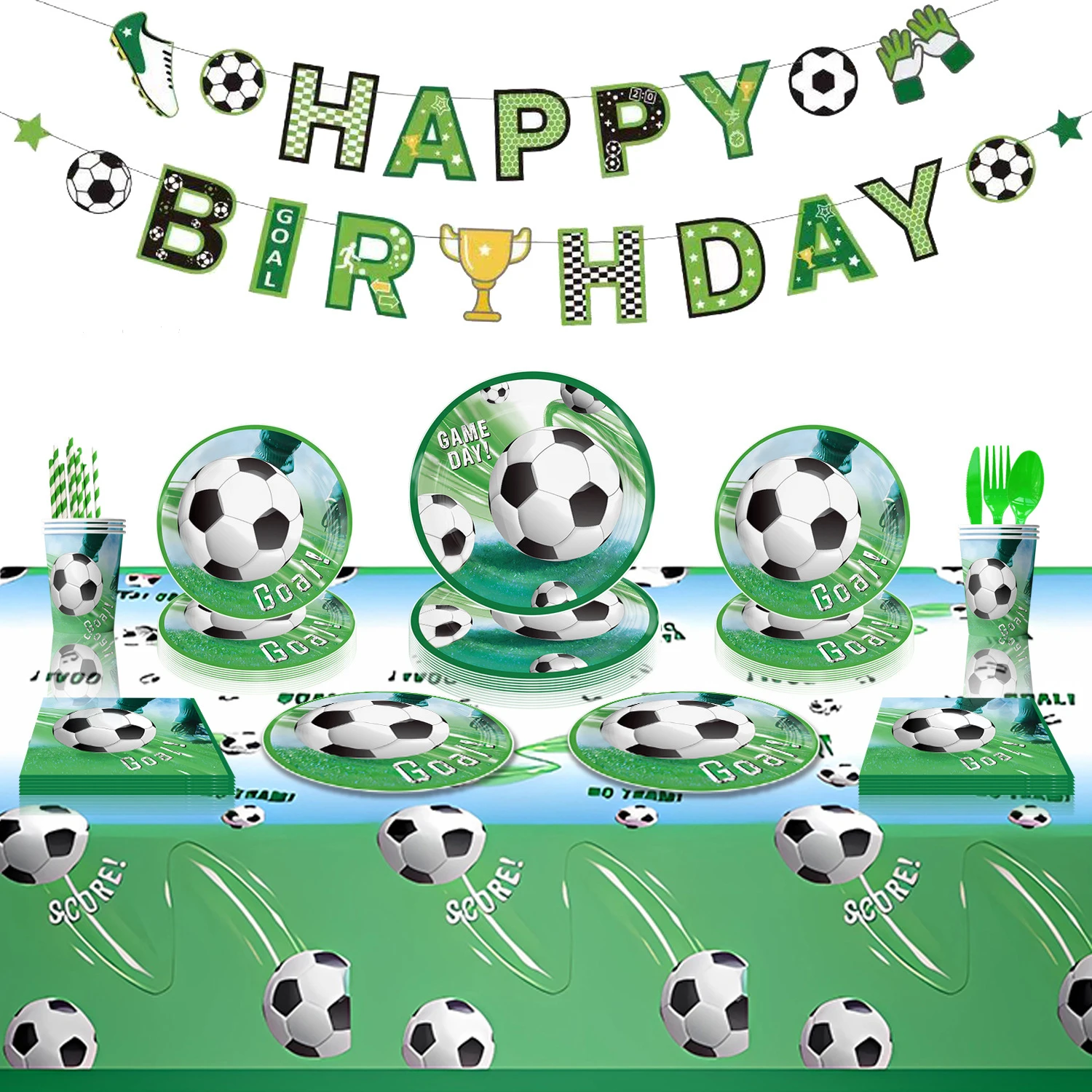 Football Theme Paper Tableware Set Sport Boy Birthday Party Favors Cake Decor Supplies Soccer Pattern Cup Plate Globlos Set