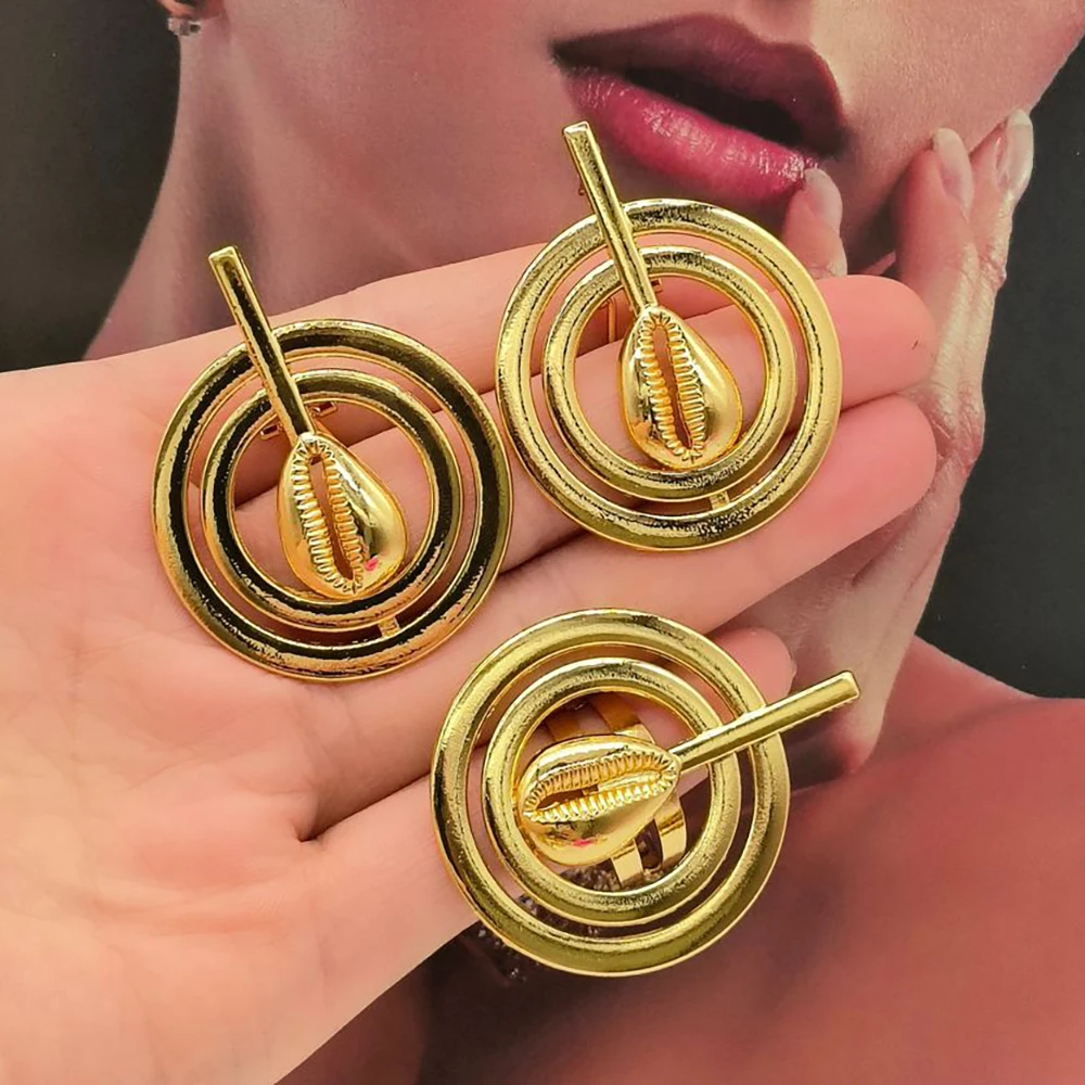 Nigerian Earrings and Ring Jewelry Set African 18k Gold Color Hollow Out Design Clip Earrings Finger Ring  2Pcs Set for Party