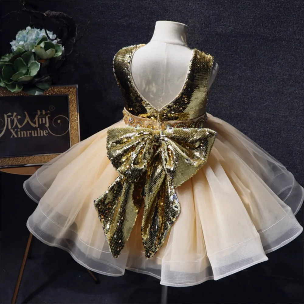 Golden sequin mesh patchwork sleeveless princess dress girls and children's dress flower party birthday dress image 3