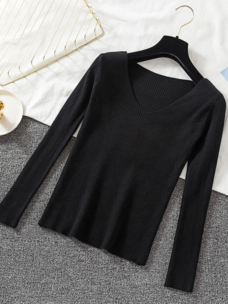 JMPRS Spring Sweater Women Pullover Elastic Knitted Jumper Long Sleeve V-neck Autumn Basic Female Top Knitwear Sueter Mujer