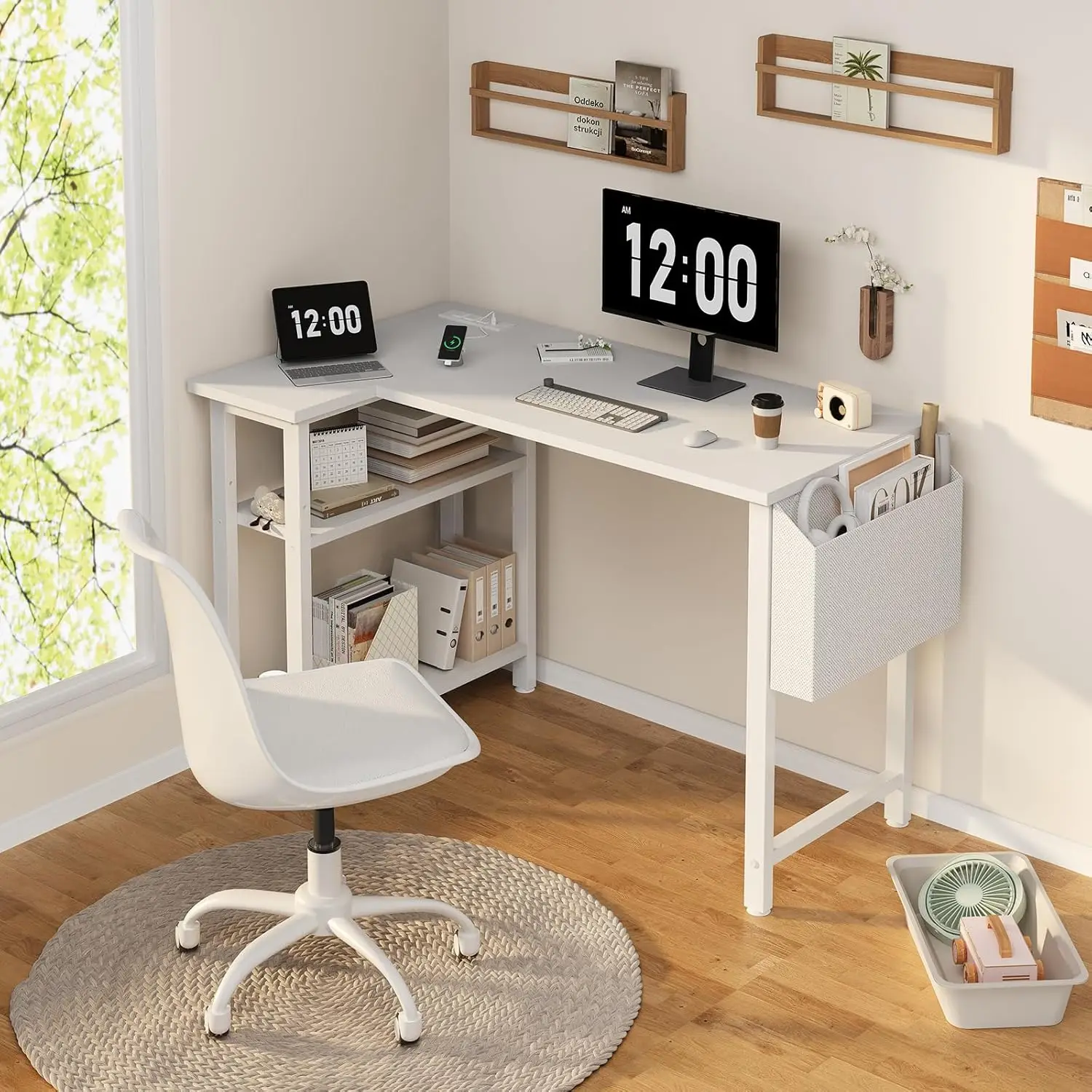 White L Shaped Computer Desk with Power Outlet Shelves, 40 Inch Small Corner Desk for Small Space Home Office, , White