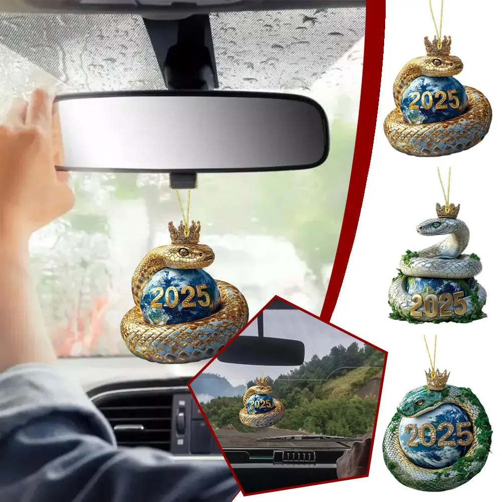 1pc 2025 Golden Snake Crown Acrylic Car Rearview Mirror Blessing Luck Backpack Pendant Pendant Year Buckle New G X0j4