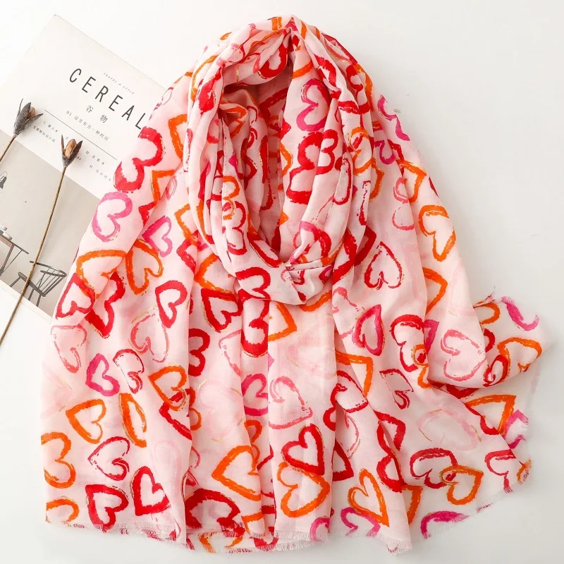 

Pink Heart Women Viscose Scarf Summer Beach Shawl Cotton Linen Feeling Tassel Pashmina Muslim Hijab Wrap Lady