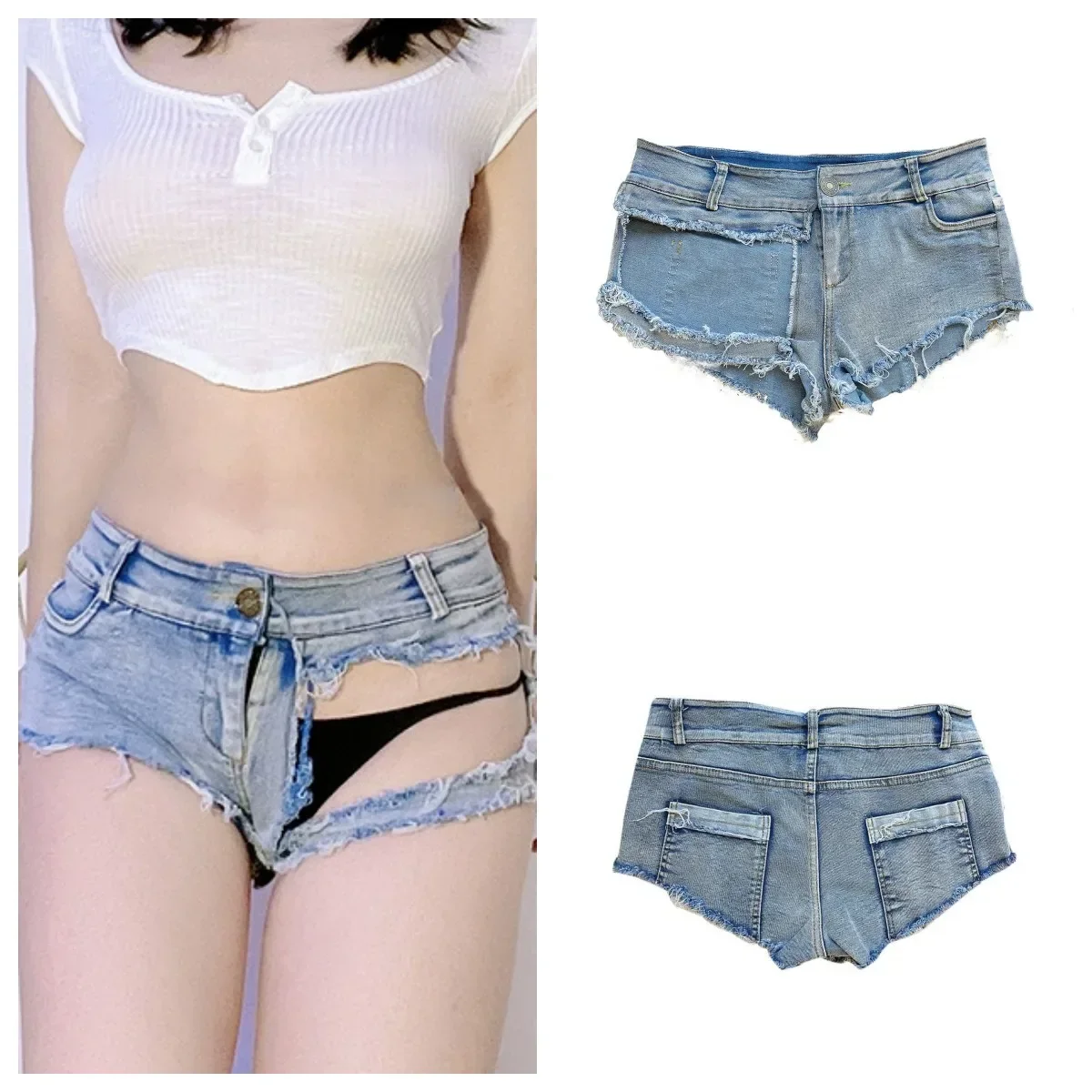 

2024 Summer New Women's Sexy Stretch Denim Shorts Cut Out Jeans High Waist Bar