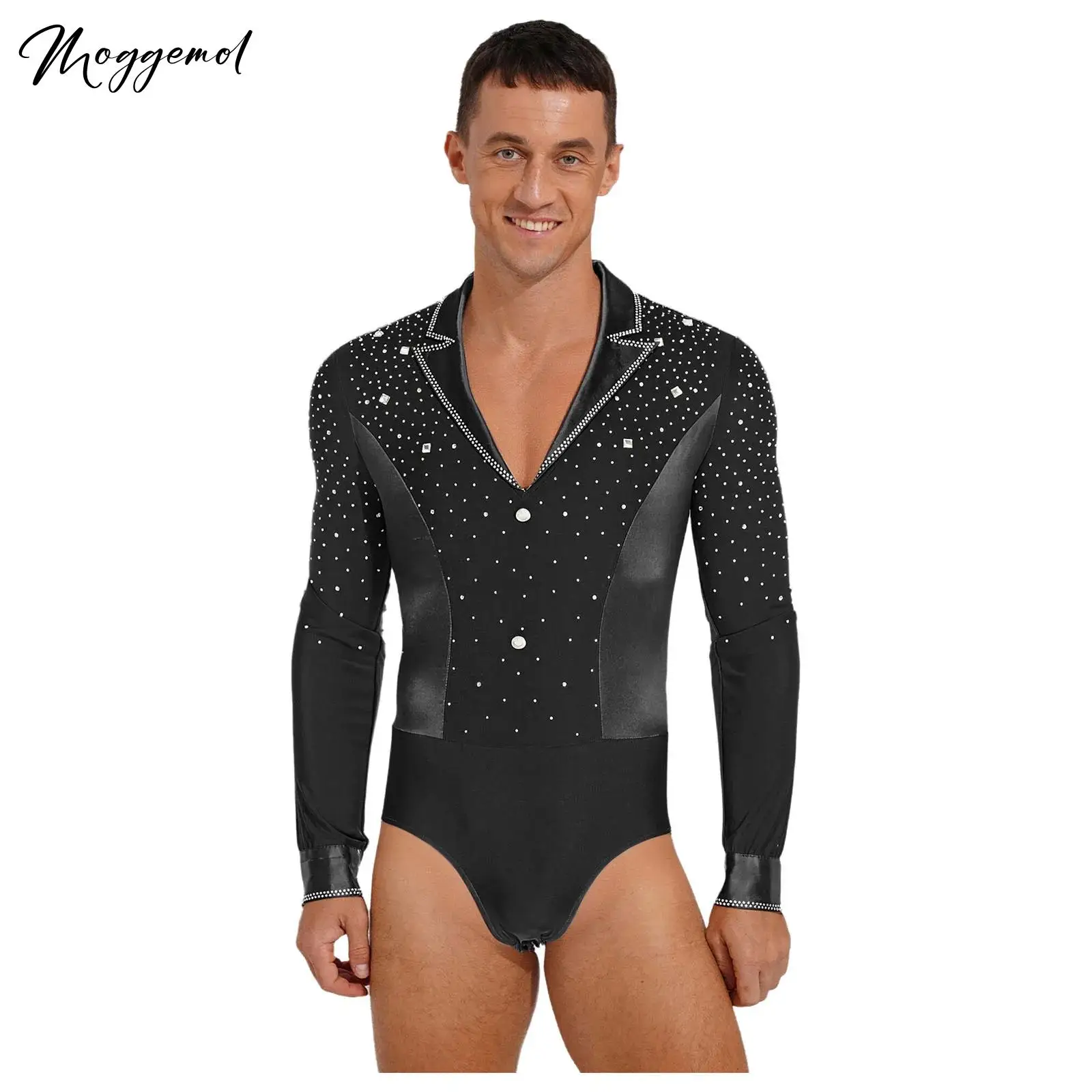 Mens Latin Tango Dance Bodysuit Shirt Glittery Rhinestone Lapel V Neck Long Sleeve Leotard Jumpsuit for Chacha Figure Skating