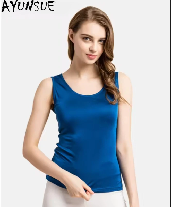 

AYUNSUE Women Tanks Knitted Real Silk Solid Vest O neck Sleeveless Basic T Shirt 2022 Sprin Summer Tops