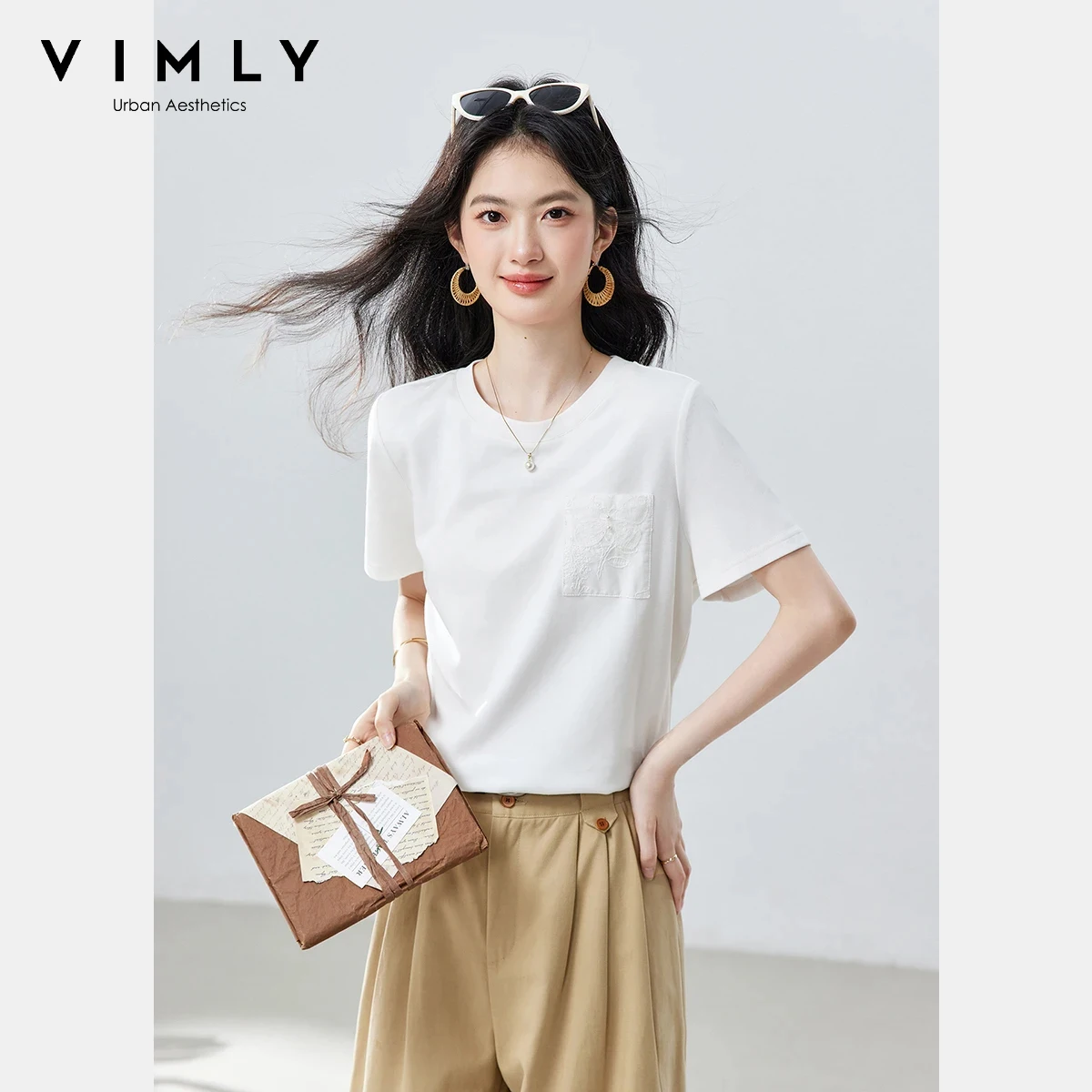 

Повседневная женская футболка VIMLY с коротким рукавом, белая, модная, в рубчик, с круглым вырезом, с вышивкой бабочки, с карманом, универсальный топ A6212