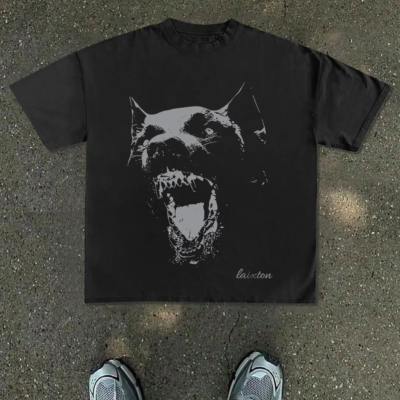 Men's New T-shirt with Gray White Roaring Beast Print and Dark Hardcore Style, Loose Fit Suitable for Street Wear