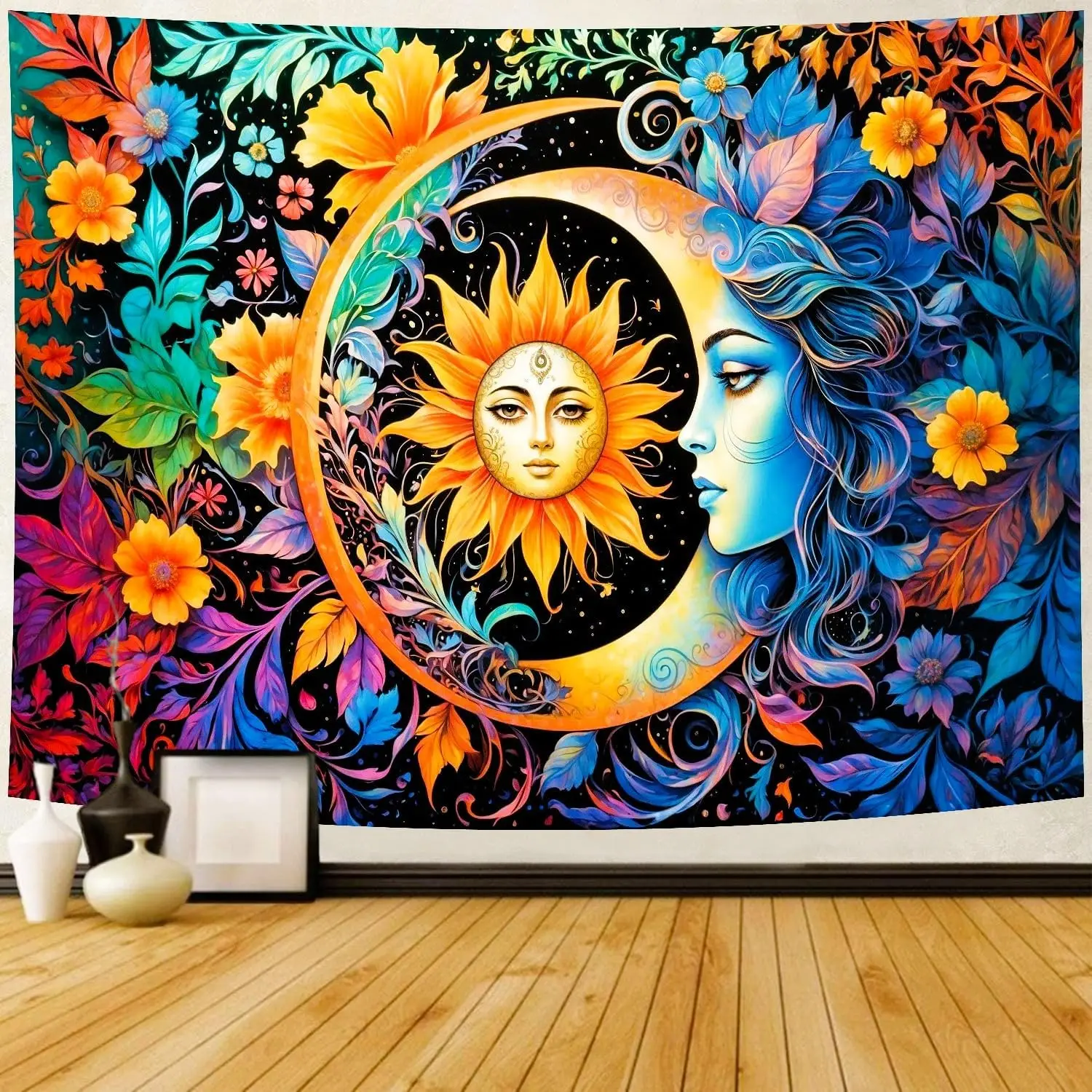 

Sun And Moon Tapestry Boho Mystic Floral Hippie Flower Plants Tapestry Vintage Aesthetic Psychedelic Abstract Wall Hanging