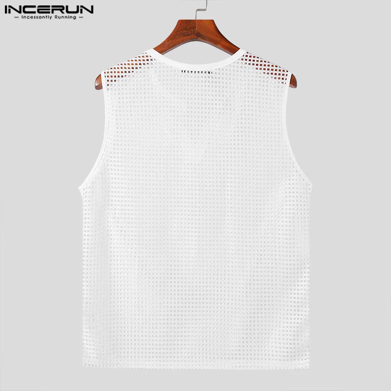 2024 Men Tank Tops Mesh Hollow Out Solid V Neck Sleeveless Summer Male Vests Streetwear Transparent Fashion Men Clothing INCERUN