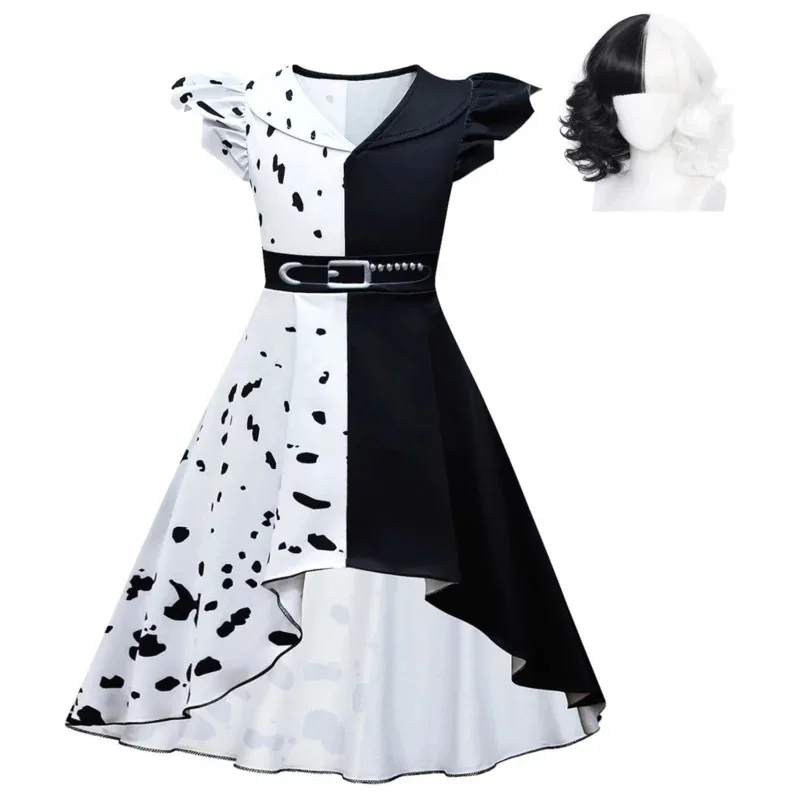 Jurebecia Girls Villains Cruella Deville Dress Up Costume Kids Movie Halloween Cosplay Outfit with Gloves Wig