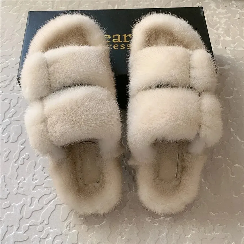 2024 Women\'s Fur Slippers 100% Real Mink Fur Slippers Women Slippers Open Toe Lasies Fur Slide Flat Heel Fashion Luxury Fur Shoe