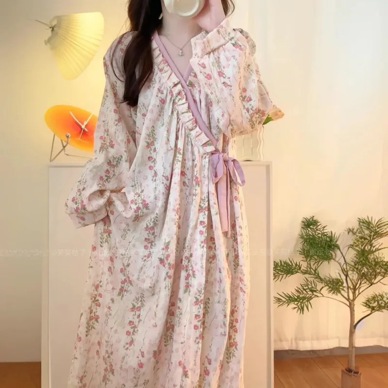 Spring And Autumn New Style Sleeping Robe For Women Korean Style Sweet Cute Cherry Blossom Print Nightwear Y2k Girl Home Pajamas