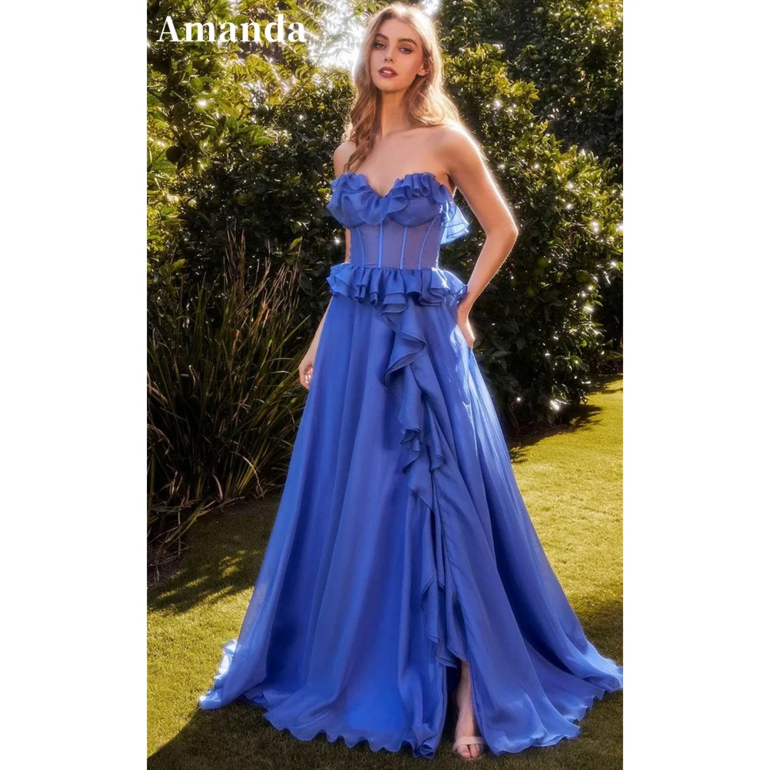 

Amanda Strapless vestidos de noche Edge Curl Chiffon A-line Prom Dresses Elegant Sleeveless Floor-Length Formal Evening 2024