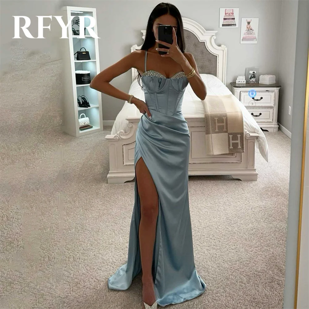 RFYR Simple Blue Party Dress Mermaid Sexy Night Dresses with Pleats Satin Spaghetti Strap Celebrity Dresses vestidos de fiesta