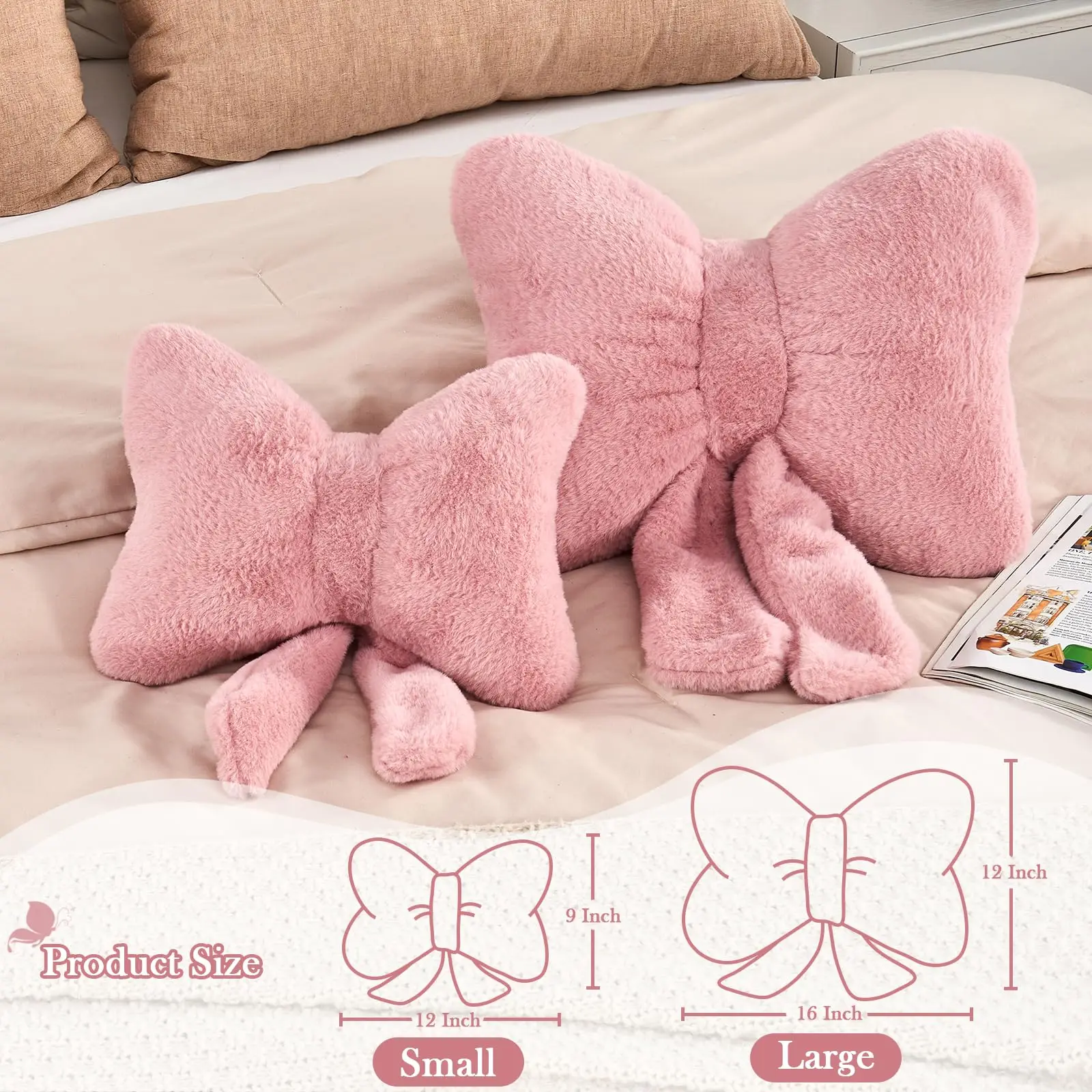 Dusty Pink Bow Pillow, Soft Bow Decorative Pillows with Faux Rabbit Fur, Cute 12