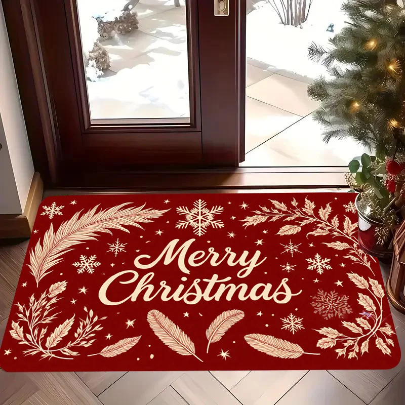 Farmhouse Style Front Entry doormat Red Black Buffalo Plaid Cream Snowflake Repeat Print Winter Xmas Seasonal Floor  Rug